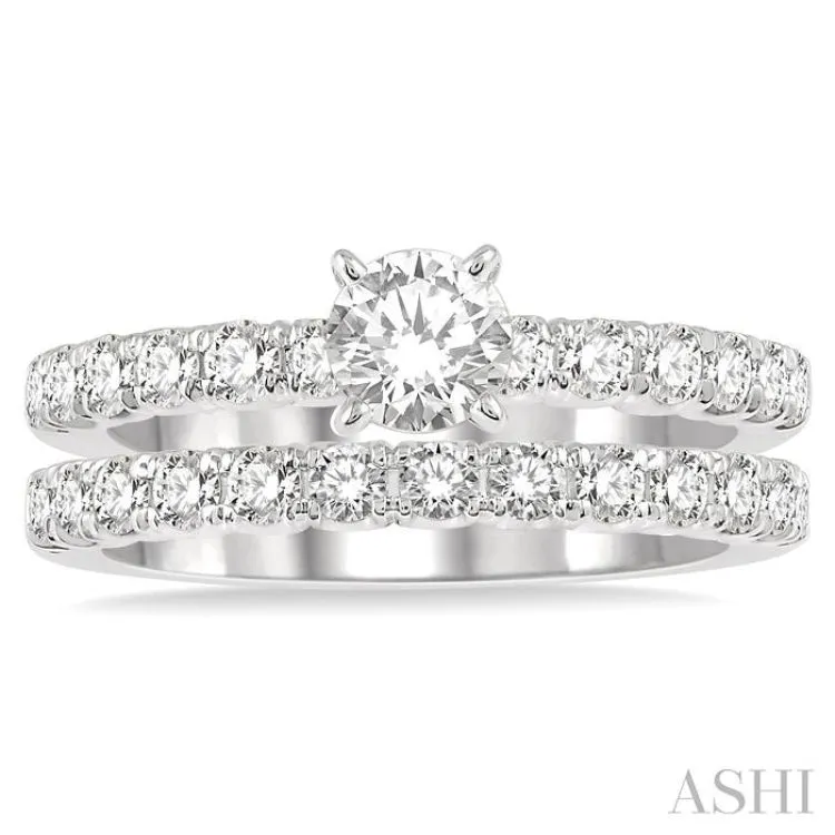 1 1/2 Ctw Diamond Wedding Set With 1 Ctw Round Cut Engagement Ring and 1/2 Ctw Wedding Band in 14K White Gold