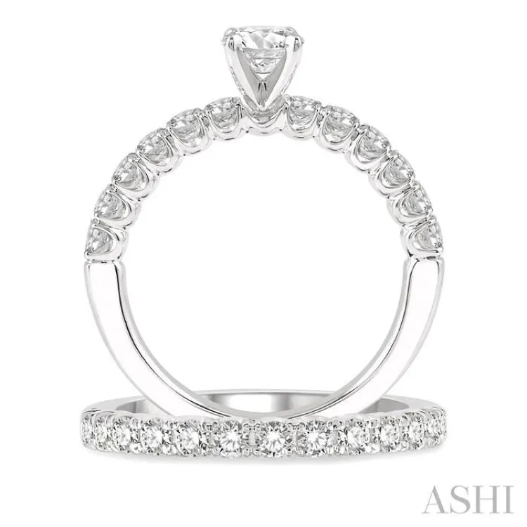 1 1/2 Ctw Diamond Wedding Set With 1 Ctw Round Cut Engagement Ring and 1/2 Ctw Wedding Band in 14K White Gold