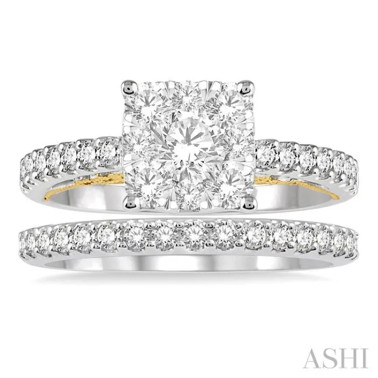 1 1/3 ctw Lovebright Diamond Wedding Set With 1 ctw Cushion Shape Engagement Ring and 1/3 ctw Wedding Band in 14K White and Yellow Gold