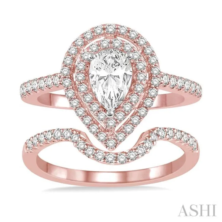 1 1/5 Ctw Diamond Wedding Set in 14K With 1 Ctw Pear Shape Engagement Ring in Rose and White Gold and 1/5 Ctw U-Cut Center Wedding Band in Rose Gold