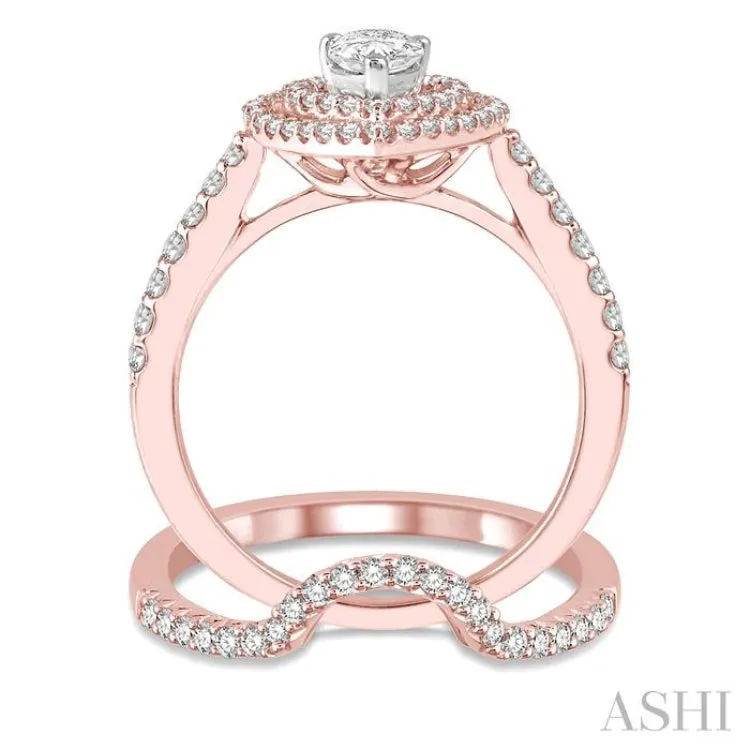 1 1/5 Ctw Diamond Wedding Set in 14K With 1 Ctw Pear Shape Engagement Ring in Rose and White Gold and 1/5 Ctw U-Cut Center Wedding Band in Rose Gold