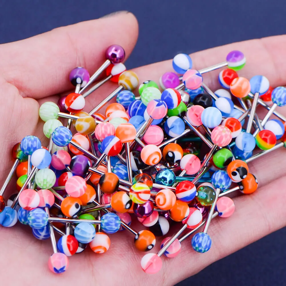 14G 100PCS Tongue Ring Ball Colorful Acrylic Tongue Barbells(Random Colors)