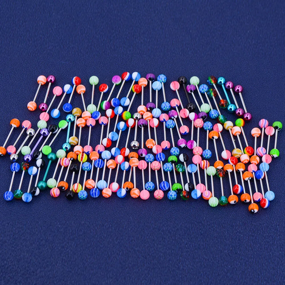 14G 100PCS Tongue Ring Ball Colorful Acrylic Tongue Barbells(Random Colors)