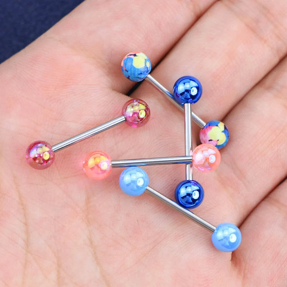 14G 5Pcs Blue Pink Flower Tongue Barbell Ring