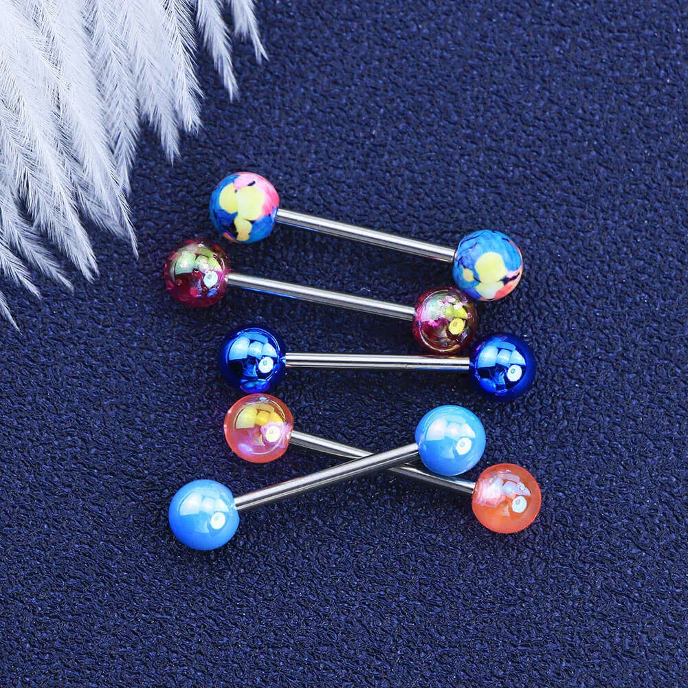 14G 5Pcs Blue Pink Flower Tongue Barbell Ring