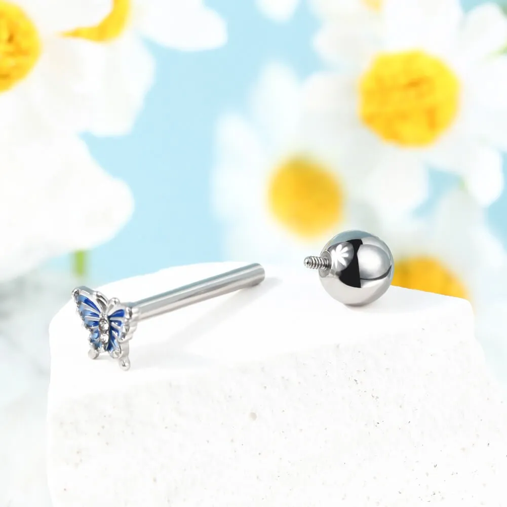 14G Internally Threaded Blue Butterfly Tongue Barbell Ring