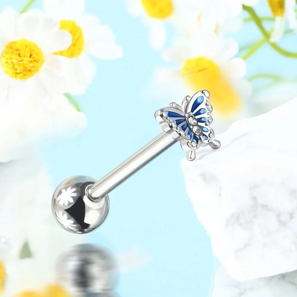 14G Internally Threaded Blue Butterfly Tongue Barbell Ring