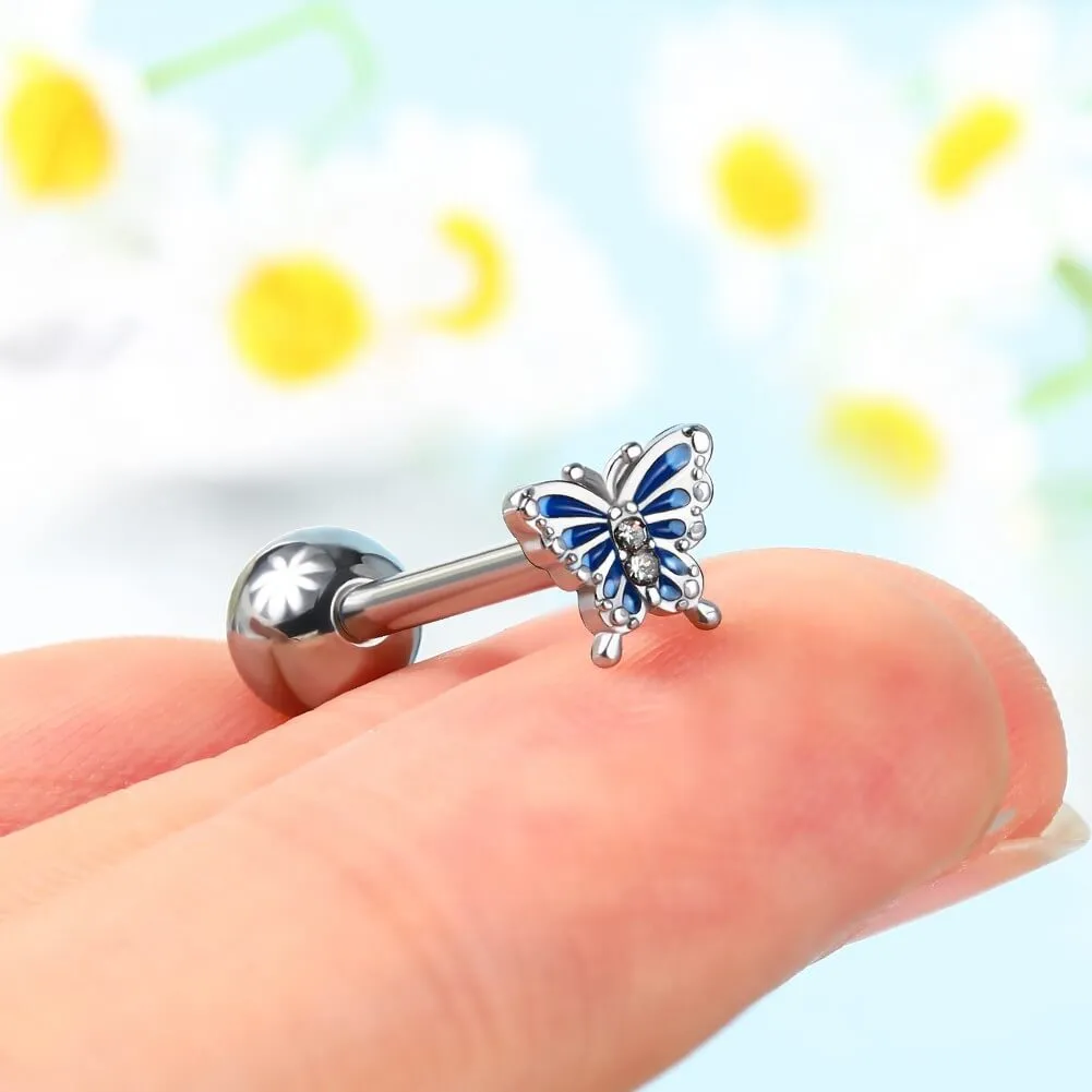 14G Internally Threaded Blue Butterfly Tongue Barbell Ring