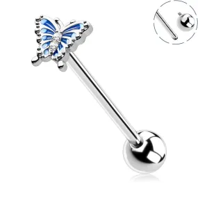 14G Internally Threaded Blue Butterfly Tongue Barbell Ring