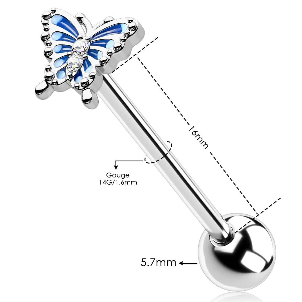 14G Internally Threaded Blue Butterfly Tongue Barbell Ring