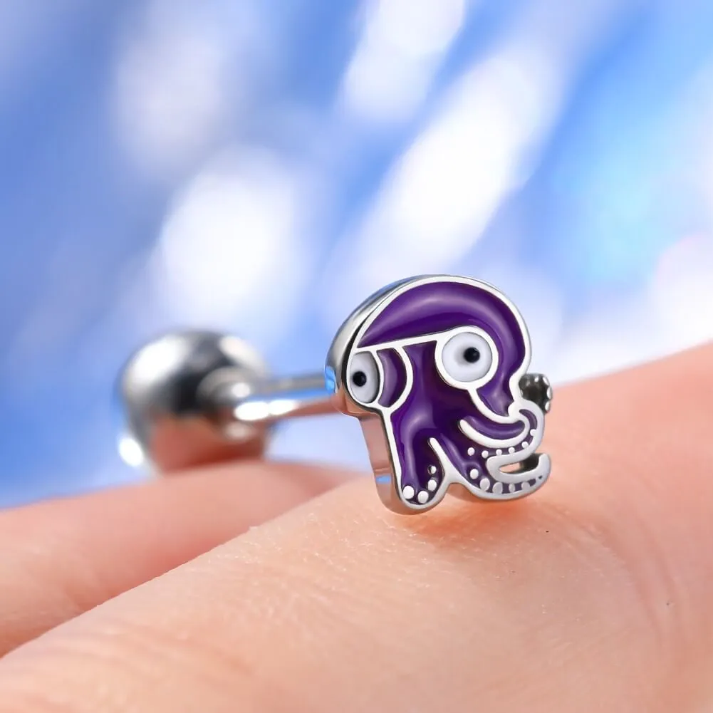 14G Purple Color Octopus Internally Threaded Tongue Piercing Ring