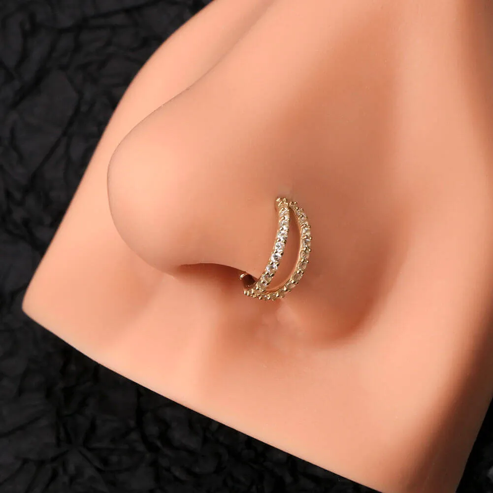 14K Gold 18G Double Row CZ Nose Ring