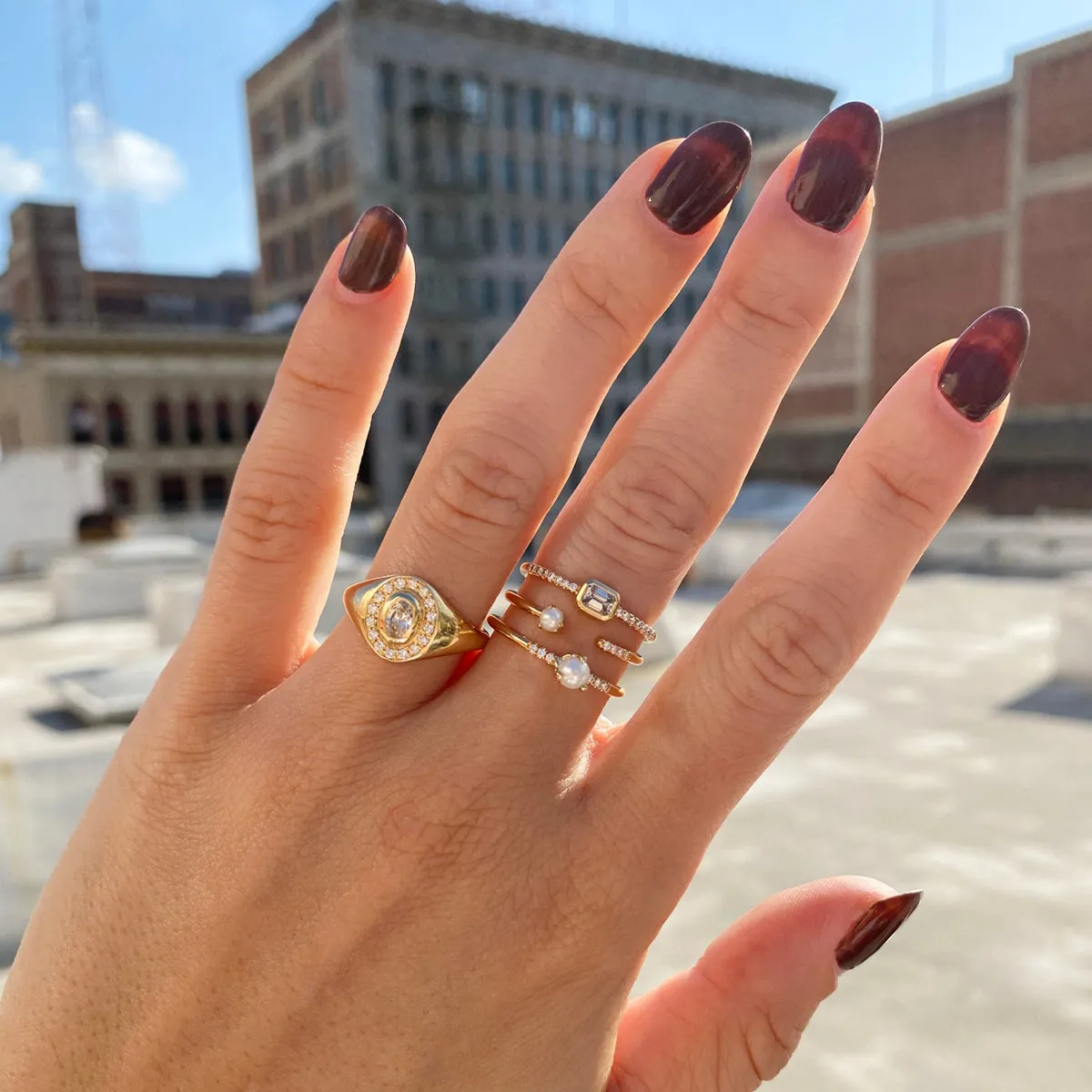 14k Oval Diamond Halo Signet Ring