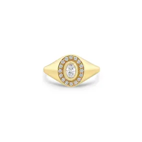 14k Oval Diamond Halo Signet Ring