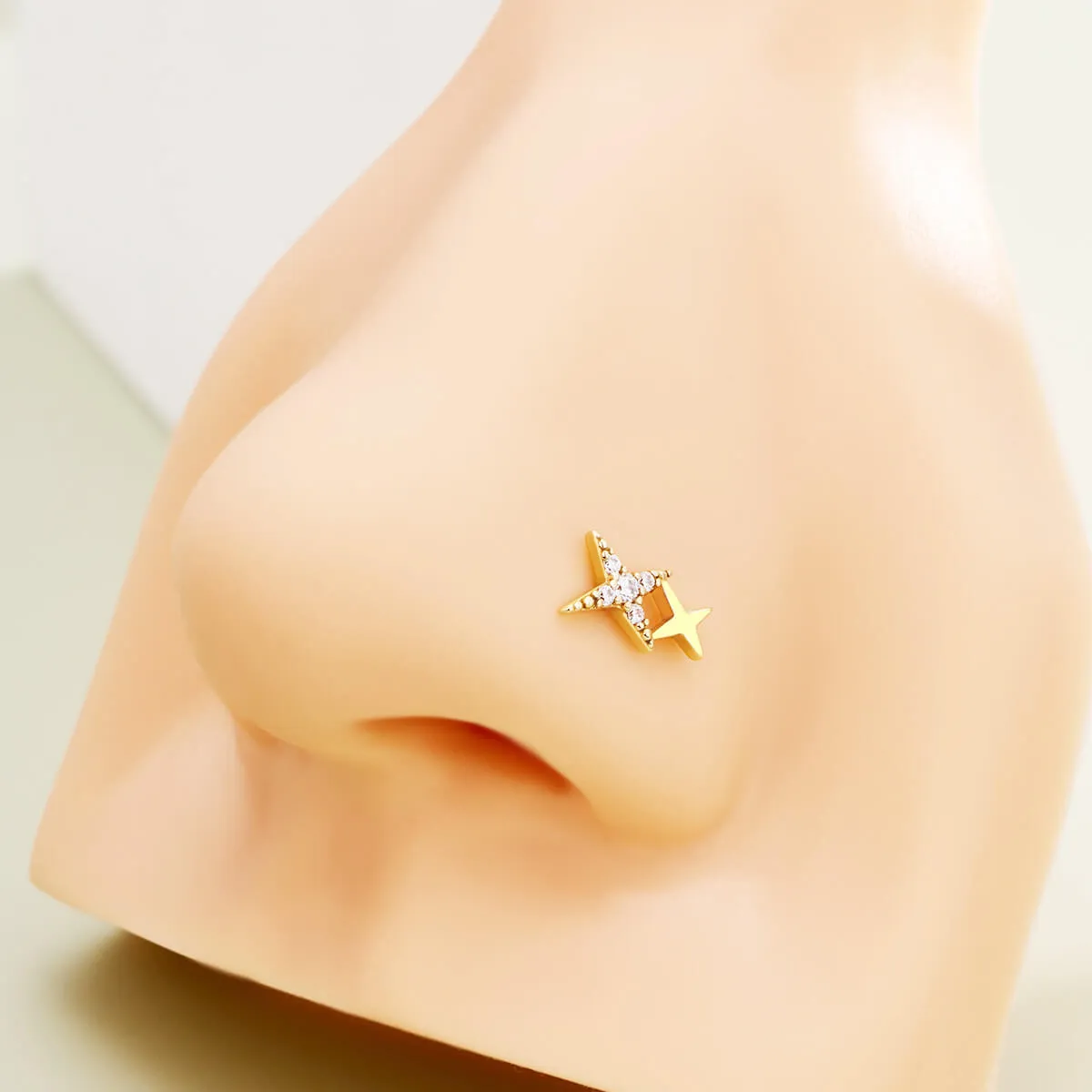 14K Solid Gold Shinny Star Top Nose Ring Flat Back