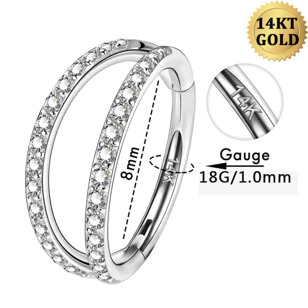 14K White Gold 18G Double Row CZ Nose Ring