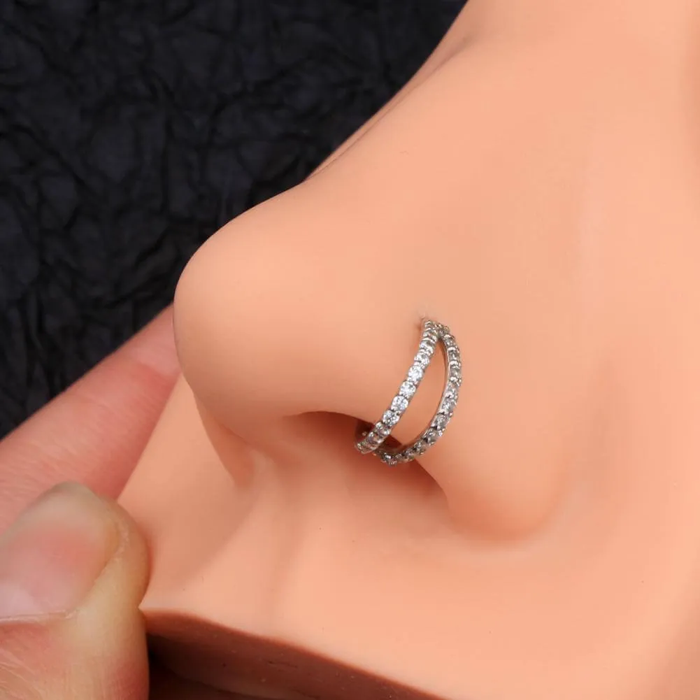 14K White Gold 18G Double Row CZ Nose Ring