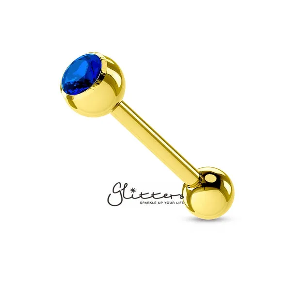 18K Gold I.P Over Surgical Steel Tongue Bar with Single Blue Crystal