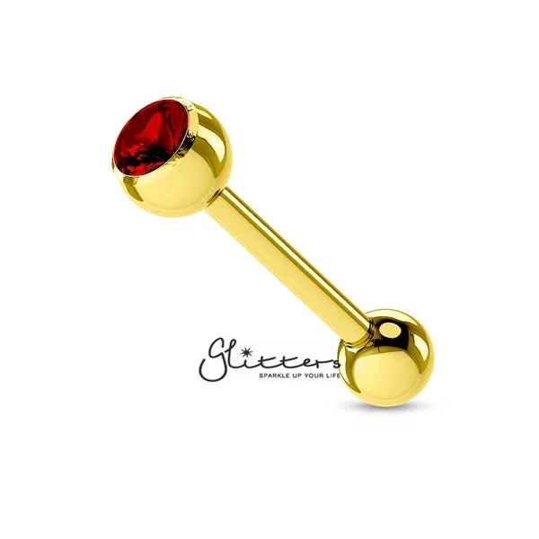 18K Gold I.P Over Surgical Steel Tongue Bar with Single Red Crystal