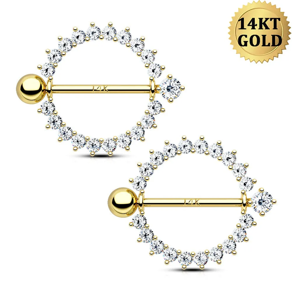 2PCS 14K Gold CZ Gems Nipple Shield Jewelry