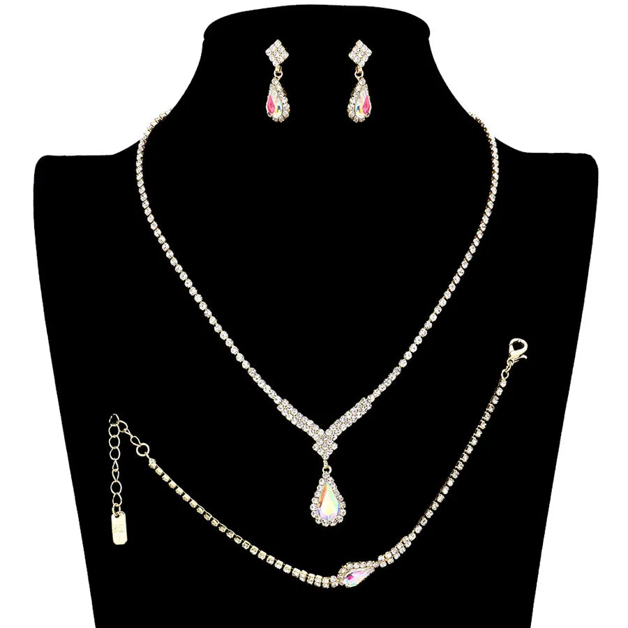 3PC Teardrop Stone Accented Rhinestone Necklace Jewelry Set