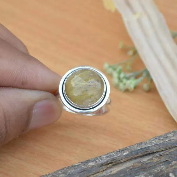 African Golden Yellow Rutile Quartz Ring, Nickel-Free 925 Sterling Silver Ring, November Birthstone Ring Jewelry, Gemstone Handmade Jewelry