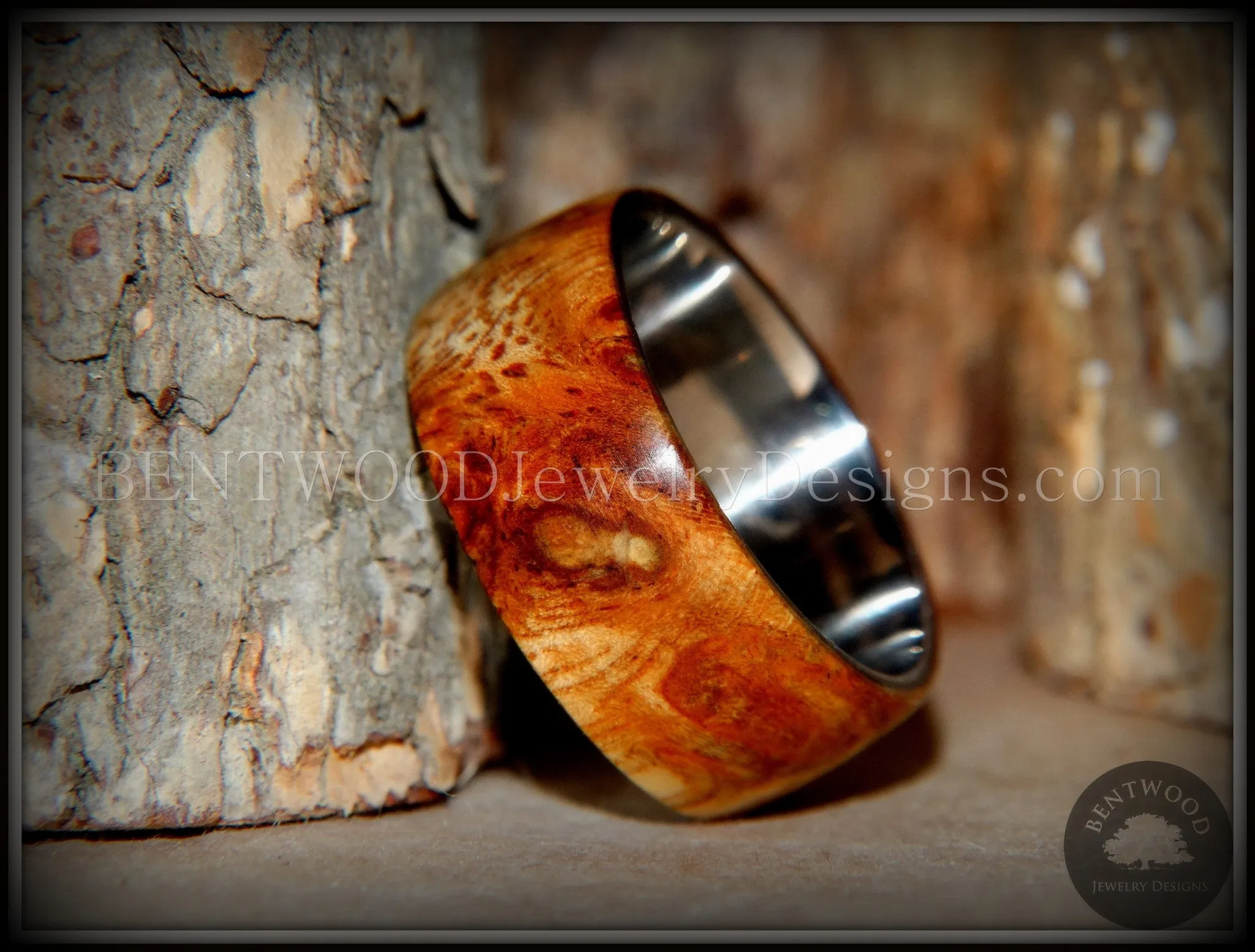 Bentwood Ring - Exotic Afzelia Burl (Rare) Wood Ring with Surgical Grade Stainless Steel Comfort Fit Metal Core