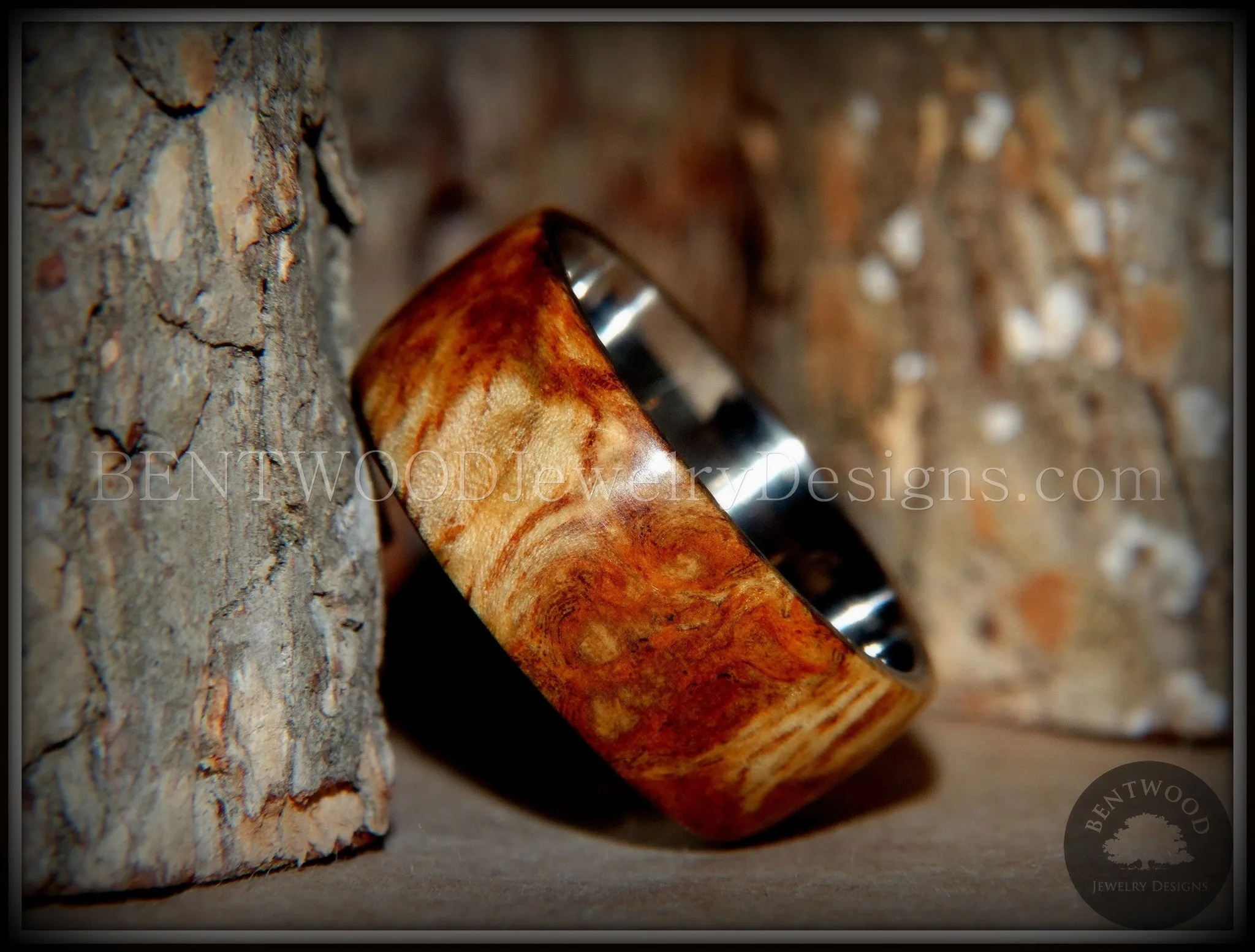 Bentwood Ring - Exotic Afzelia Burl (Rare) Wood Ring with Surgical Grade Stainless Steel Comfort Fit Metal Core