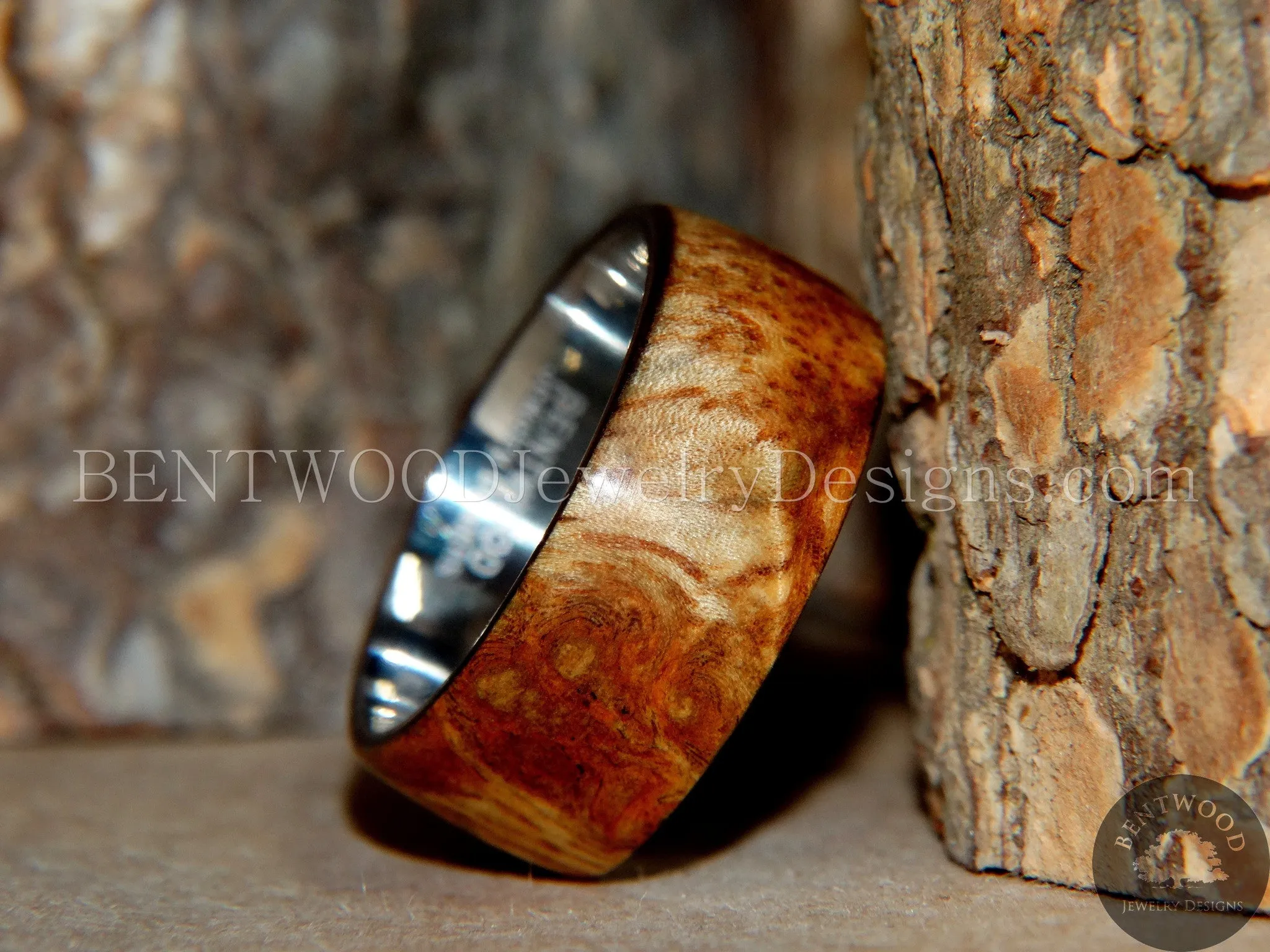 Bentwood Ring - Exotic Afzelia Burl (Rare) Wood Ring with Surgical Grade Stainless Steel Comfort Fit Metal Core