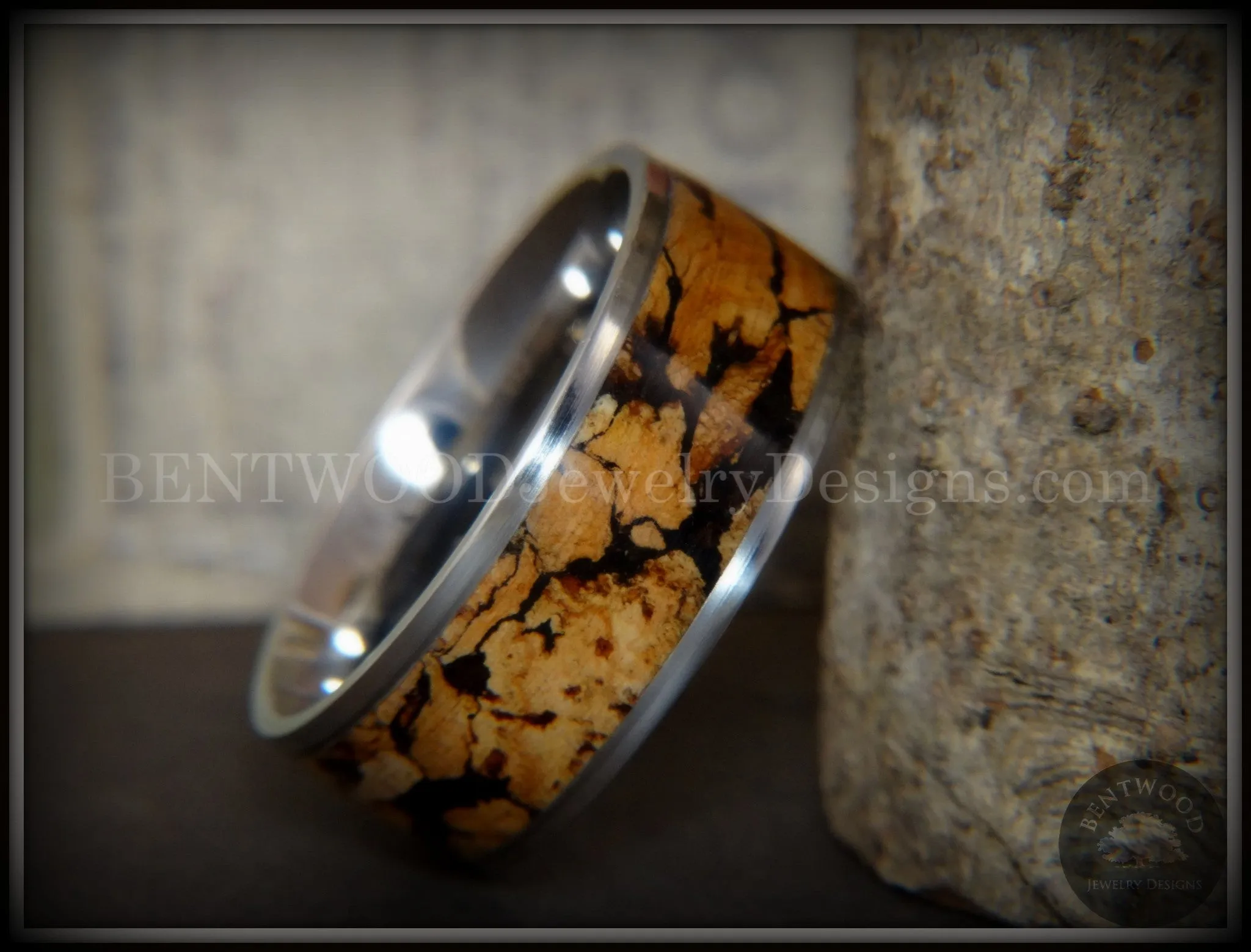 Bentwood Ring - Figured Spalting Rare Mediterranean Oak Wood Ring with Surgical Grade Stainless Steel Comfort Fit Metal Core