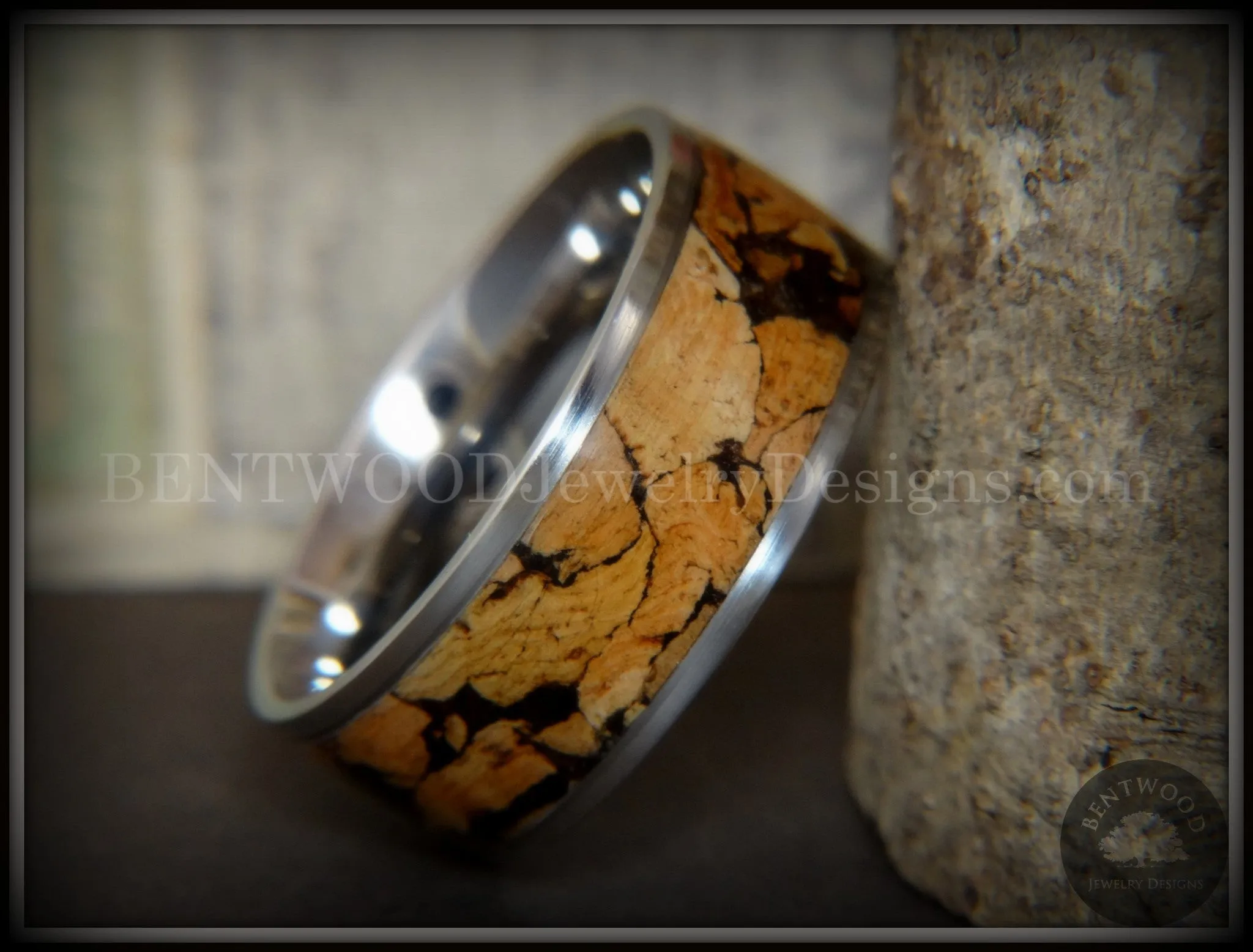 Bentwood Ring - Figured Spalting Rare Mediterranean Oak Wood Ring with Surgical Grade Stainless Steel Comfort Fit Metal Core