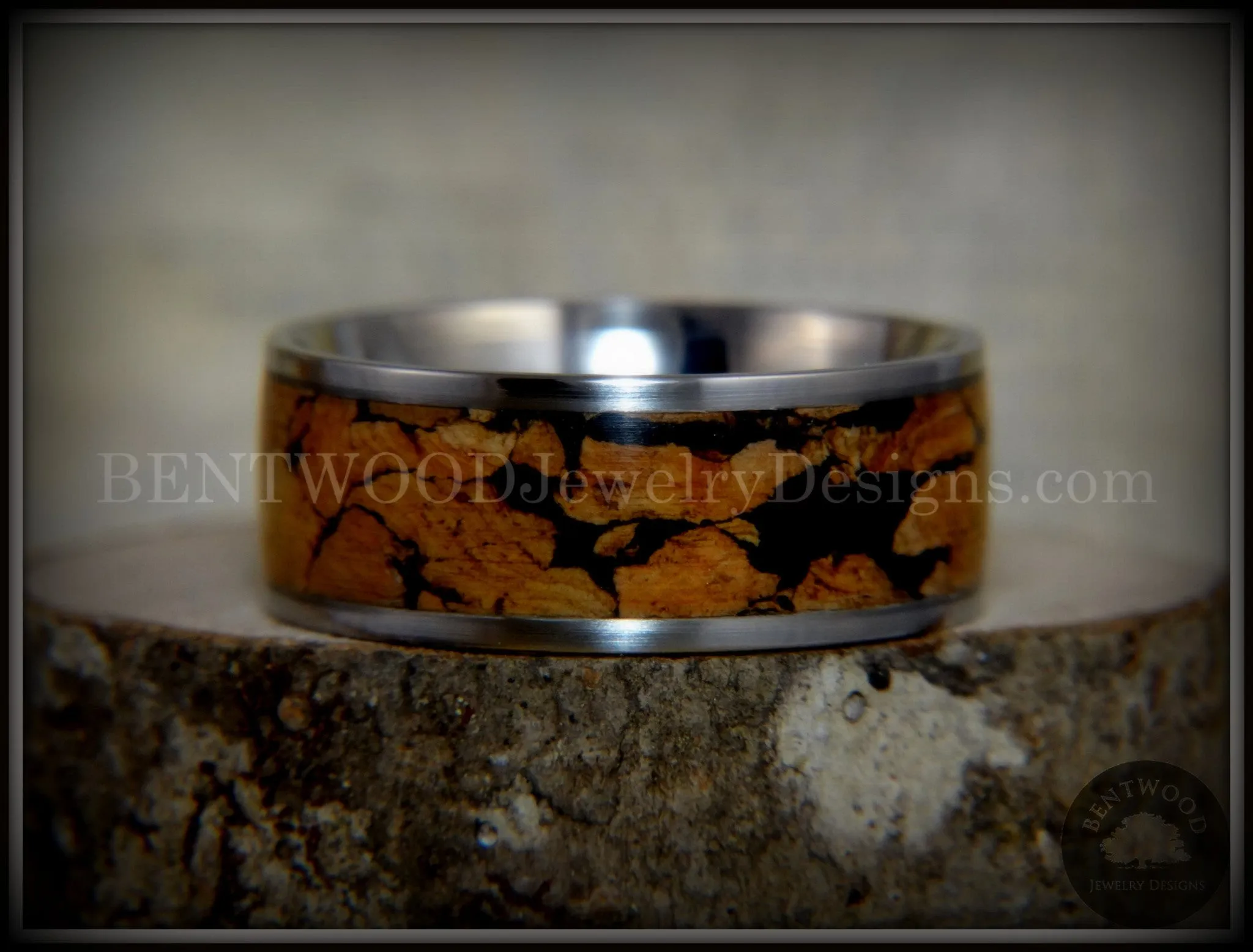 Bentwood Ring - Figured Spalting Rare Mediterranean Oak Wood Ring with Surgical Grade Stainless Steel Comfort Fit Metal Core