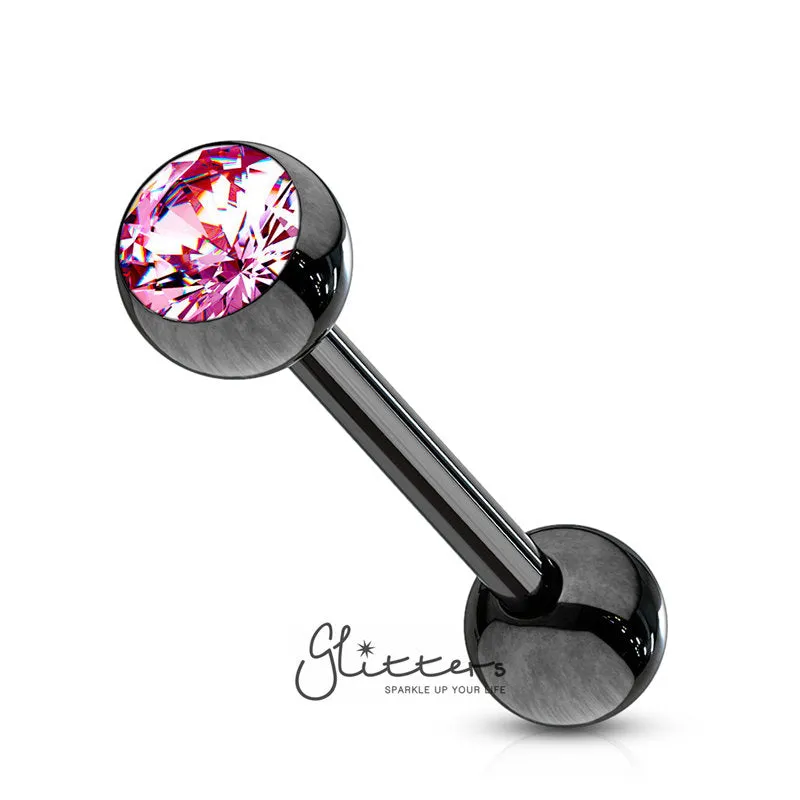 Black Titanium I.P Surgical Steel Tongue Barbells with Press Fit Gem Top Ball-Pink