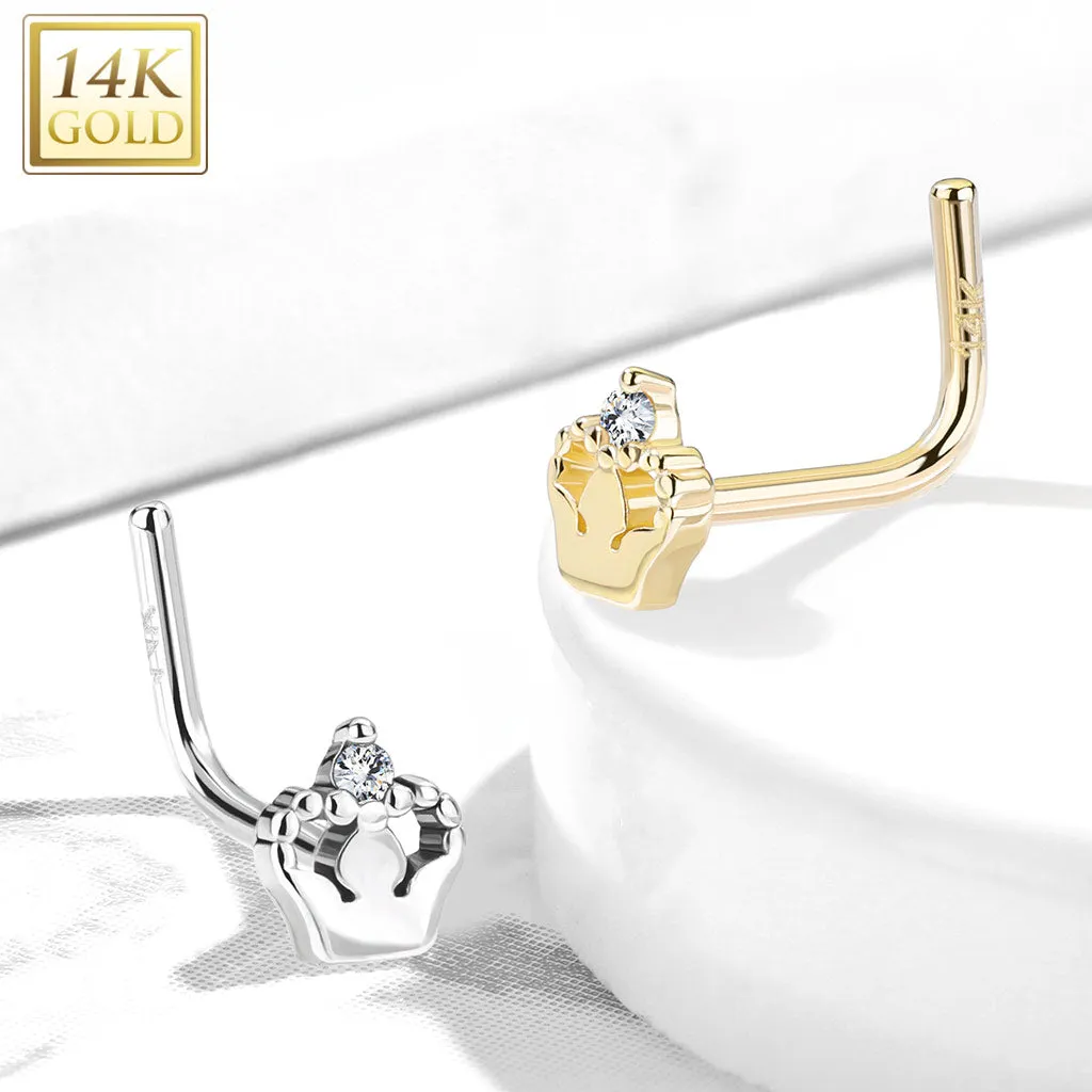 Crown L-Shape Nose Ring in 14K White Gold