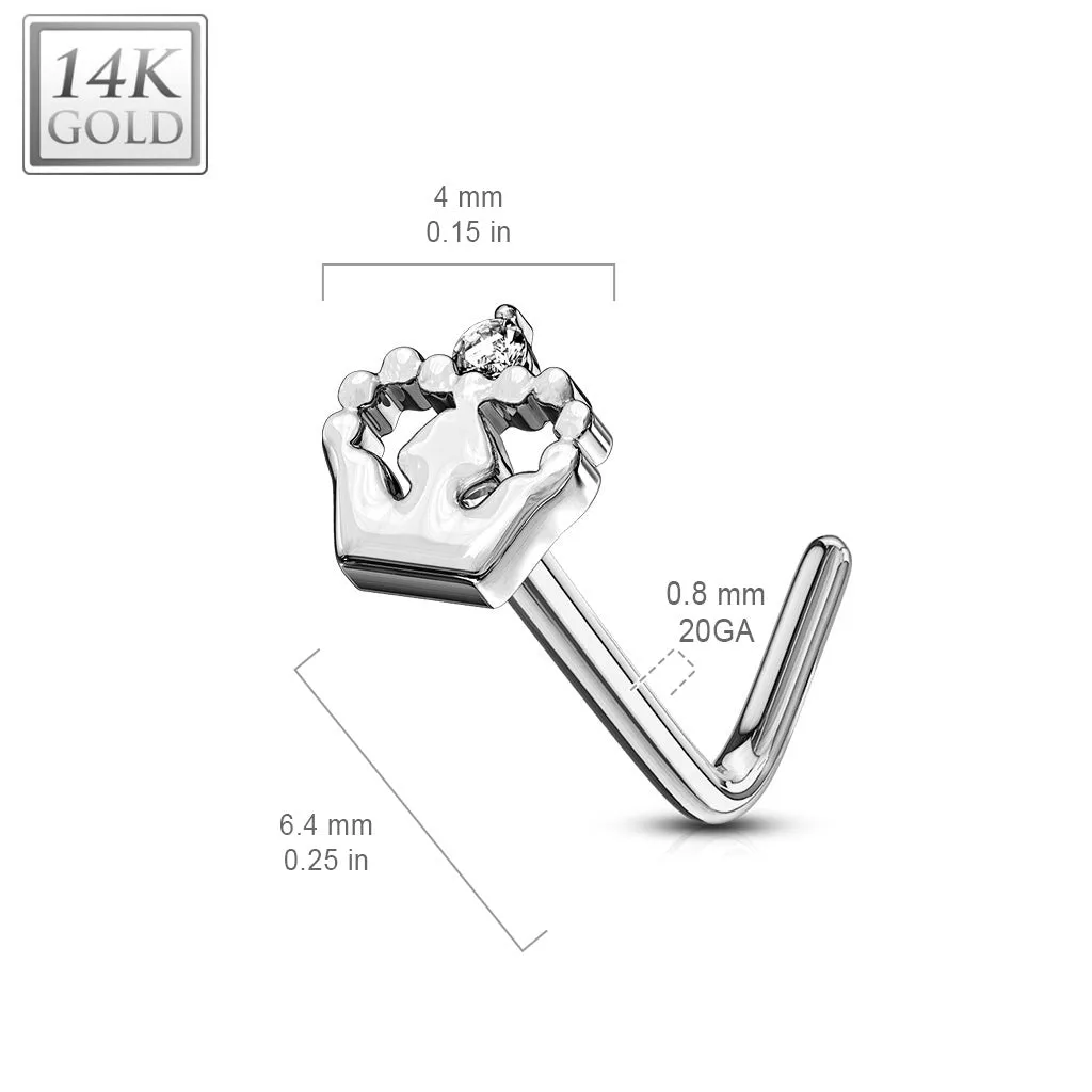 Crown L-Shape Nose Ring in 14K White Gold