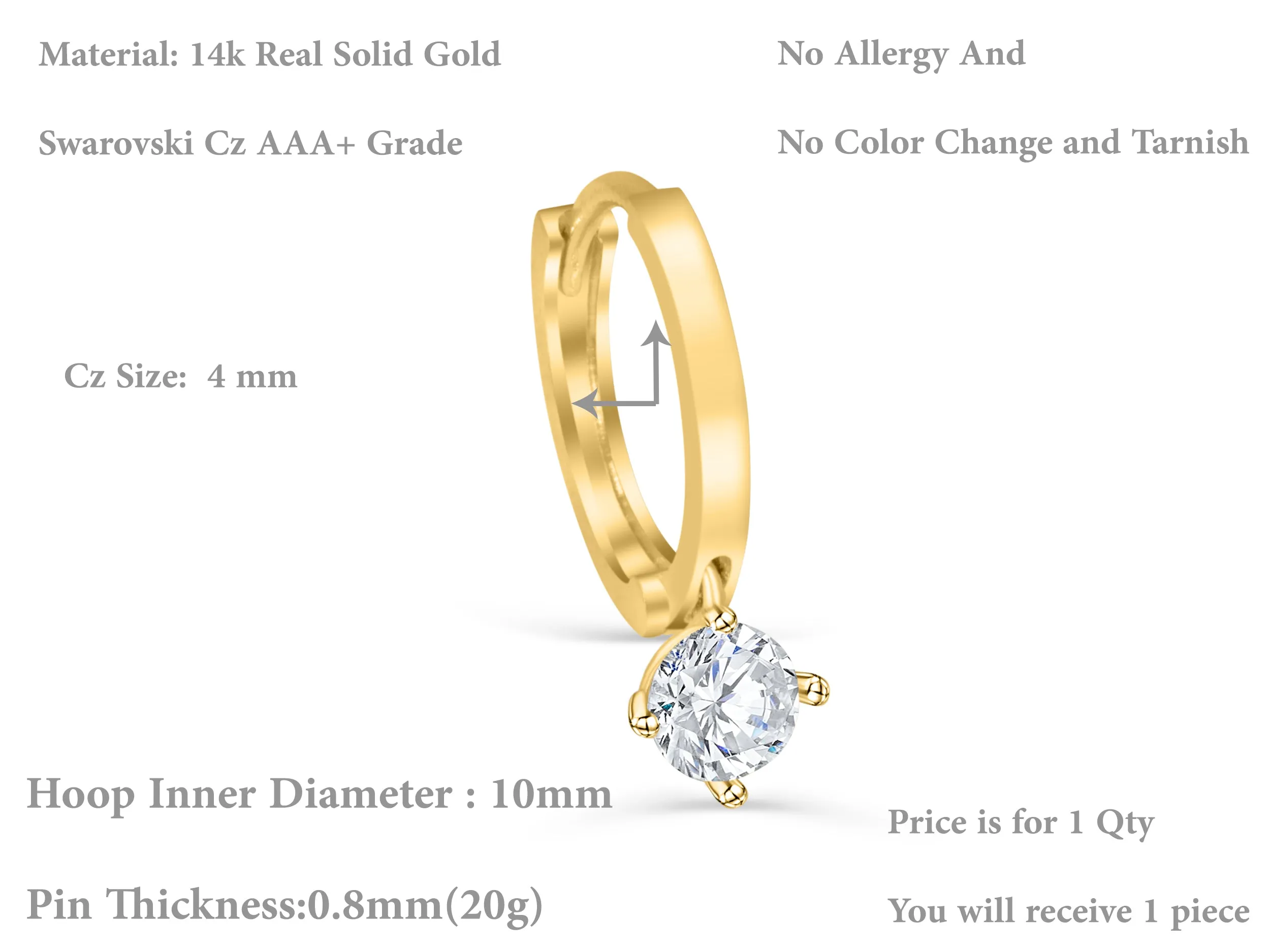 Cz Solitair Hoop Ring Piercing Earring 14K Solid Gold Jewelry