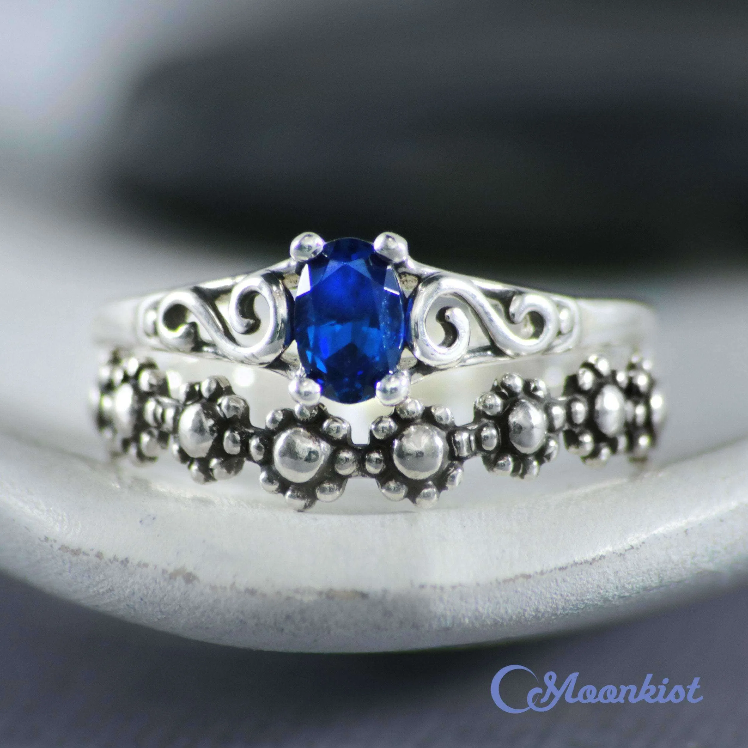 Dainty Scroll Filigree Engagement Ring Set with Floral Band | Moonkist Designs