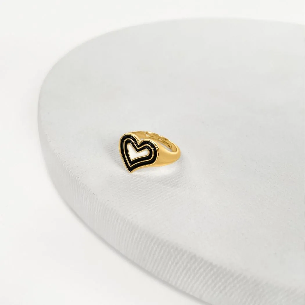 Deco Heart Signet Ring (Onyx & Ivory) - Gold