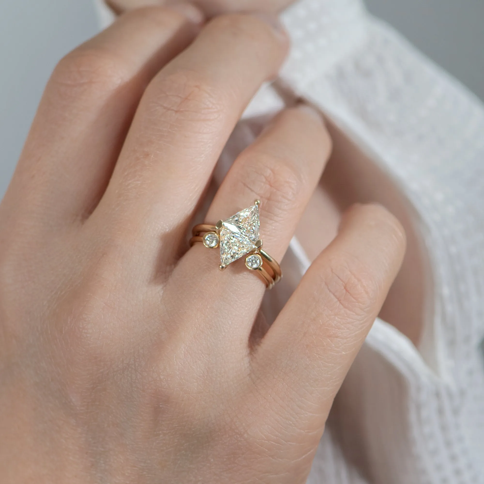 Diamond Rhombus Engagement Ring with Triangle Cut Diamonds