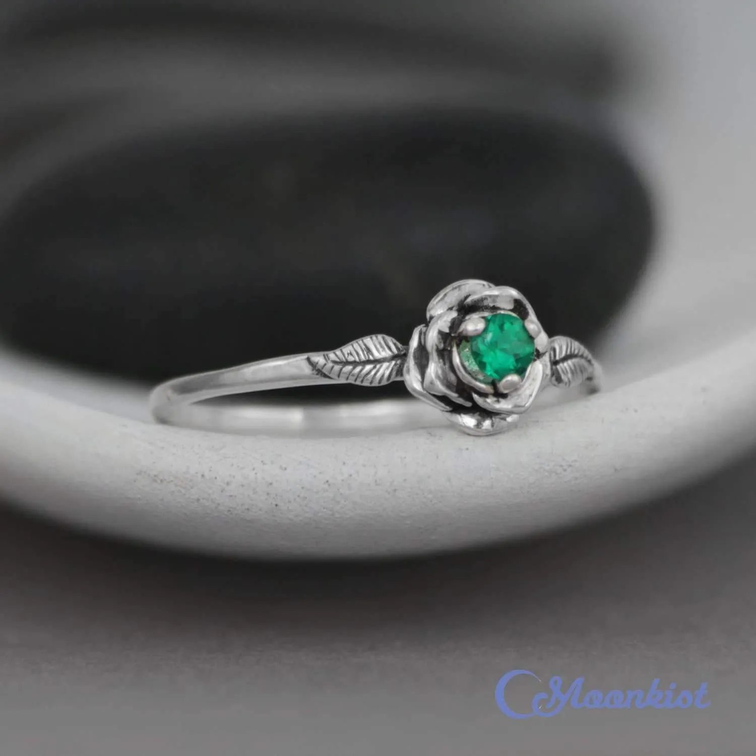 Emerald Rose Engagement Ring, Sterling Silver Flower Ring | Moonkist Designs