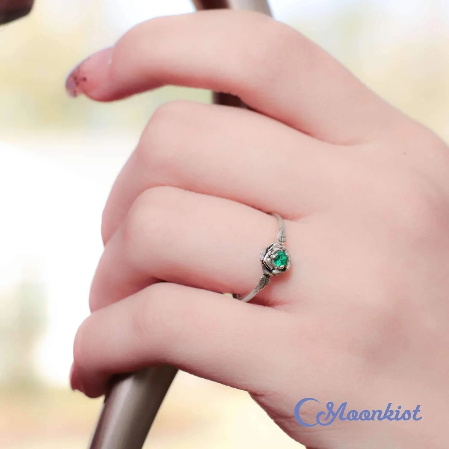 Emerald Rose Engagement Ring, Sterling Silver Flower Ring | Moonkist Designs