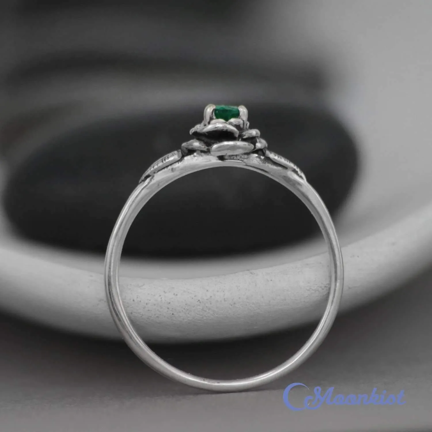 Emerald Rose Engagement Ring, Sterling Silver Flower Ring | Moonkist Designs