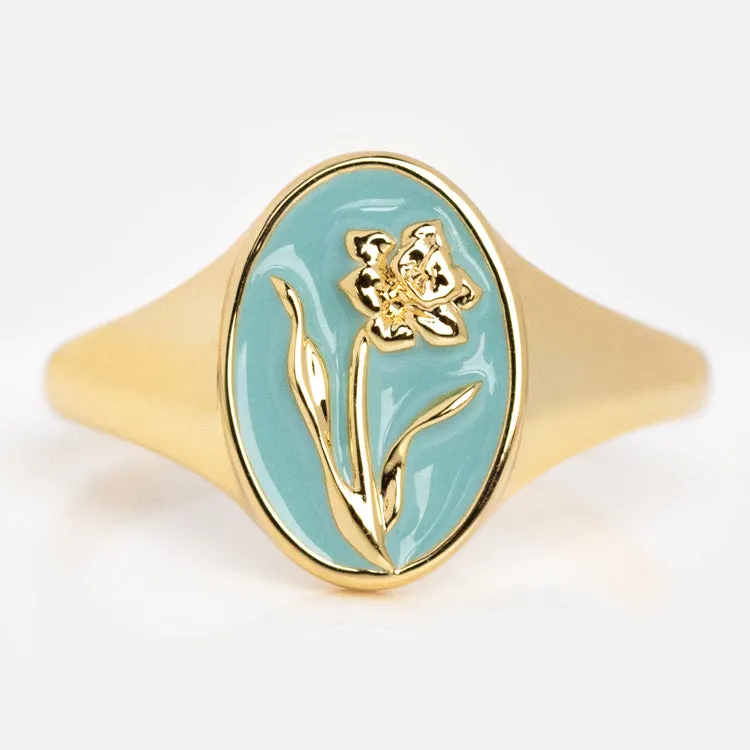 Enamel Birth Flower Signet Ring