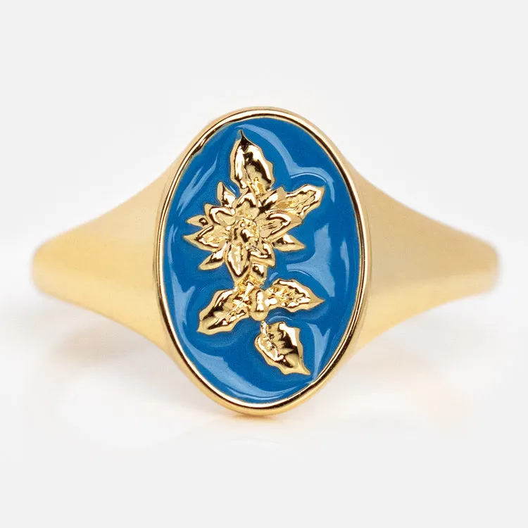 Enamel Birth Flower Signet Ring