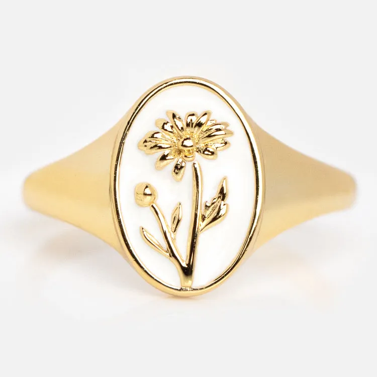 Enamel Birth Flower Signet Ring