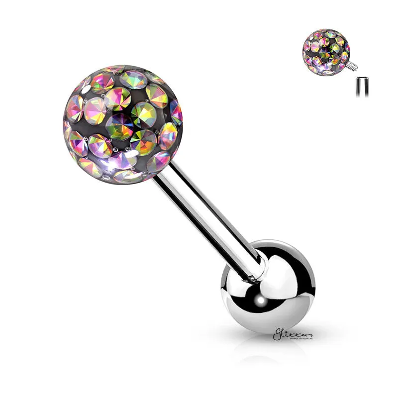 Epoxy Covered Crystal Paved Ferido Balls Tongue Barbell - Vitrail Medium