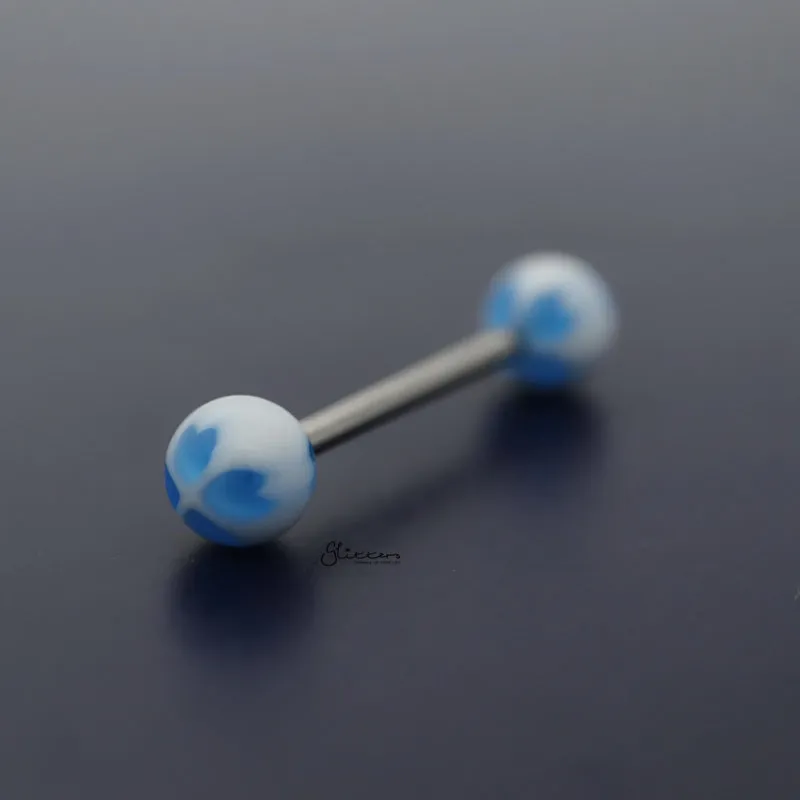 Four Hearts Acrylic Balls Tongue Barbell - Blue