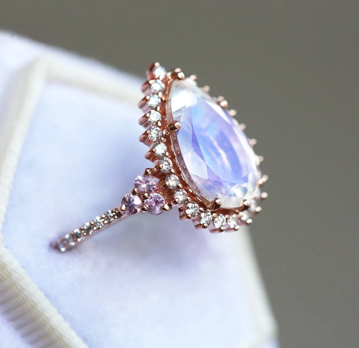 Halo Pear Moonstone Ring, Rose Gold Moonstone Engagement Ring, Unique Moonstone Ring