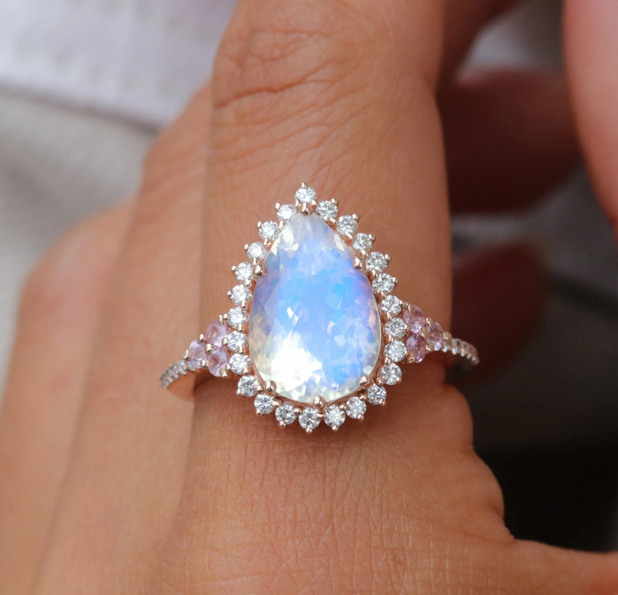 Halo Pear Moonstone Ring, Rose Gold Moonstone Engagement Ring, Unique Moonstone Ring