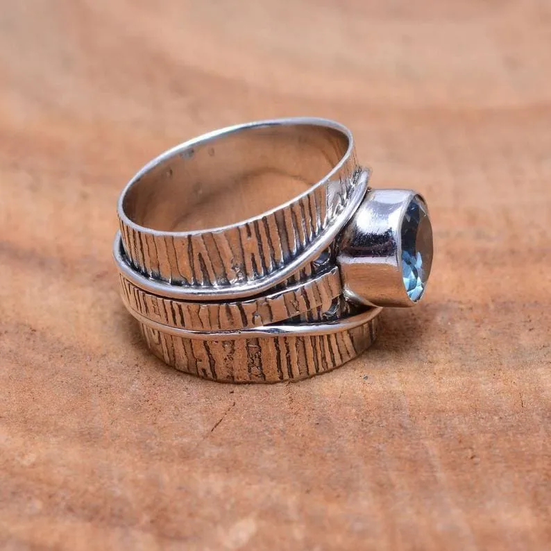 Meditation Ring, Blue Topaz Spinner Ring, Spinning Ring, Anxiety Ring, Worry Ring, Boho Ring, Spin Ring, Statement Ring, Gift For Her